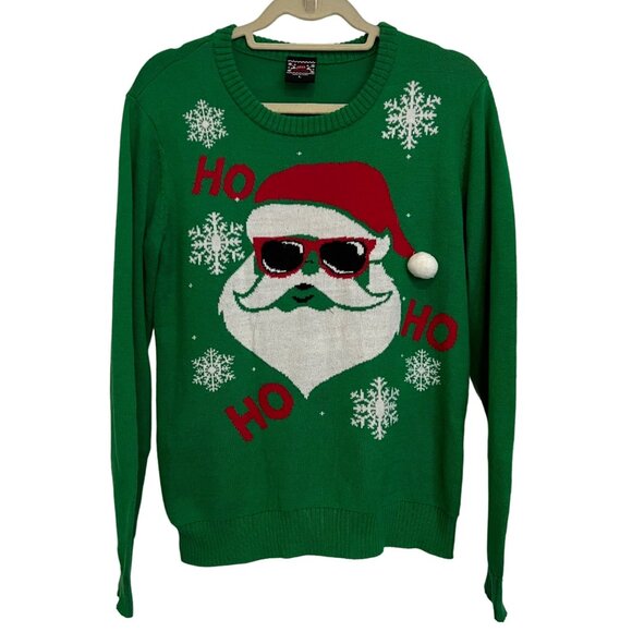 Well Worn Holiday Sweater Womens Green Santa Ho Ho Ho Ugly Christmas Size L - Picture 1 of 10